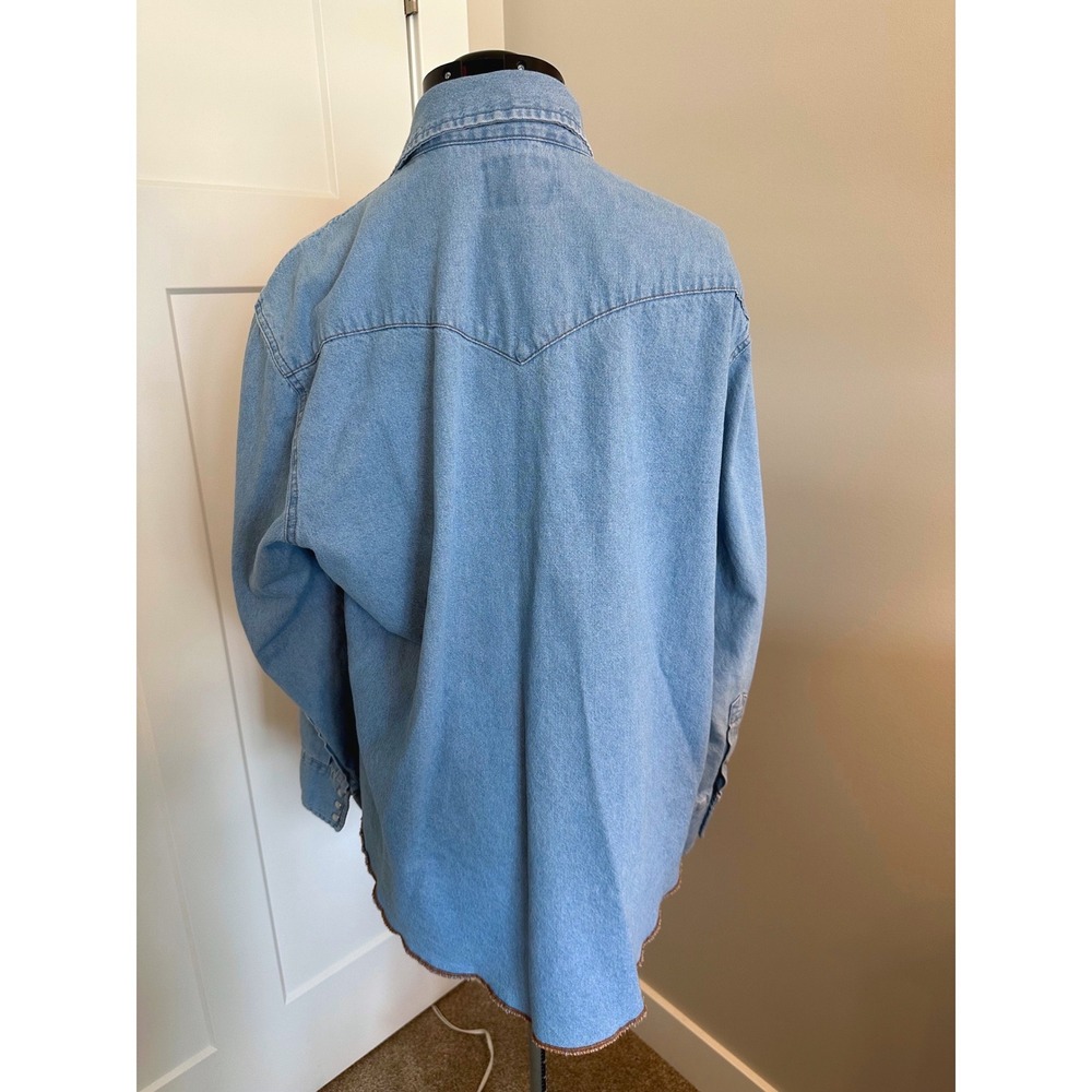 Wrangler Mens Western Denim Pearl Snap Shirt Light Wash Raw Hem XL/Rodeo/Cowboy - Picture 5 of 7